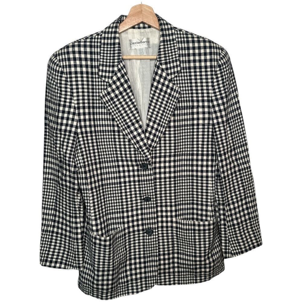 VTG LIZ CLAIBORNE I Navy Linen Blend Plaid Checkered 3 Button Blazer Jacket I 12